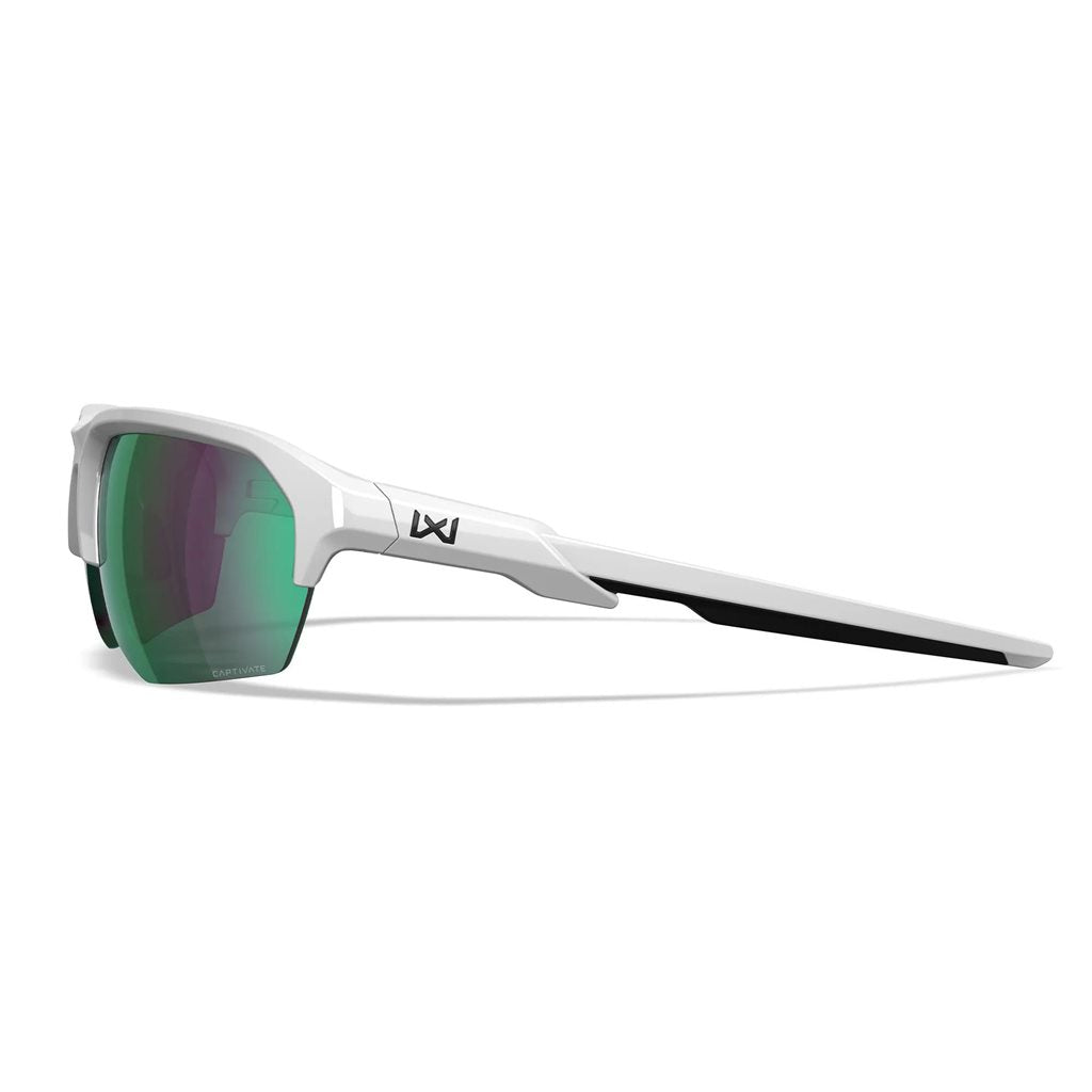 Gafas de tiro WX JAKL Captivate con marco blanco y lentes verdes polarizadas, vista frontal