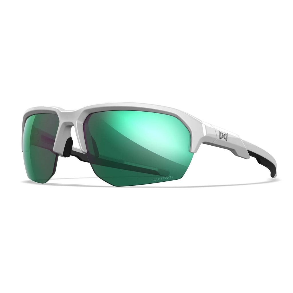 Gafas de tiro WX JAKL Captivate con marco blanco y lentes verdes polarizadas, vista frontal