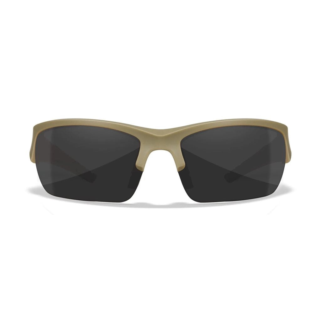 Gafas de tiro WX VALOR con 3 lentes y marco TAN, detalle del diseño curvado y material Triloid