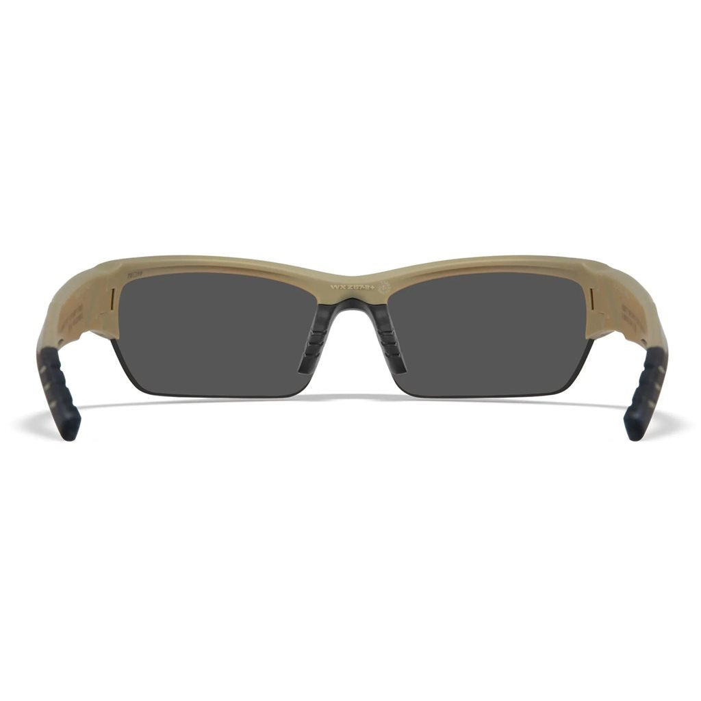 Gafas de tiro WX VALOR con 3 lentes y marco TAN, detalle del diseño curvado y material Triloid