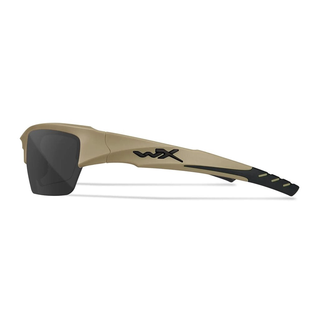 Gafas de tiro WX VALOR con 3 lentes y marco TAN, detalle del diseño curvado y material Triloid