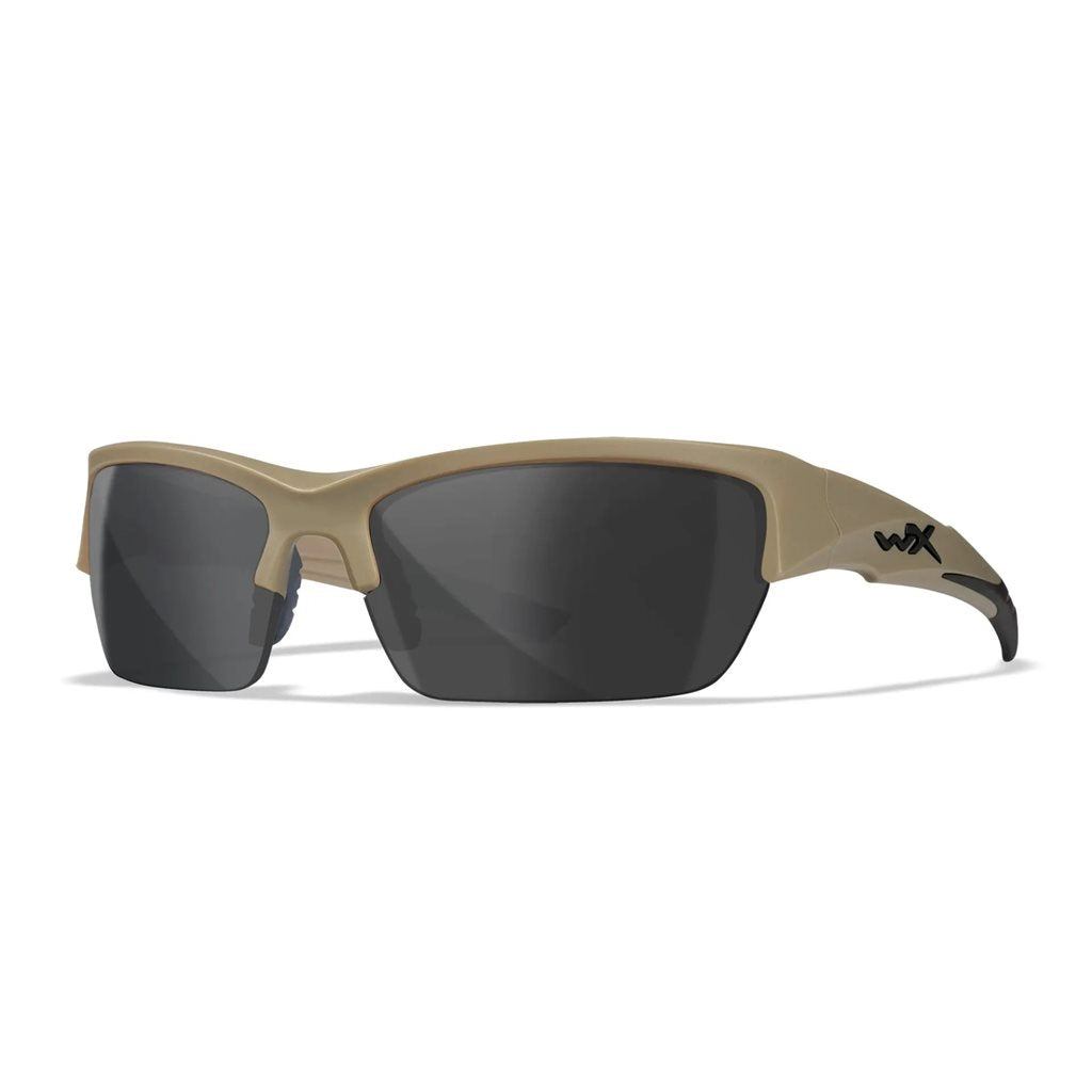 Gafas de tiro WX VALOR con 3 lentes y marco TAN, detalle del diseño curvado y material Triloid