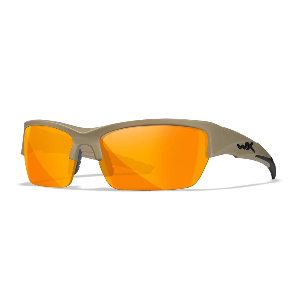 Gafas de tiro WX VALOR con 3 lentes y marco TAN, detalle del diseño curvado y material Triloid