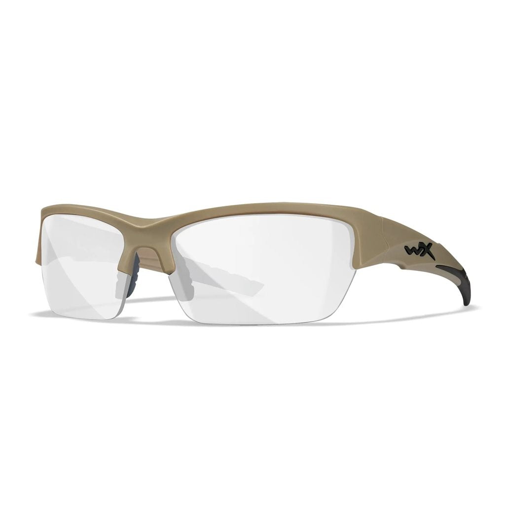 Gafas de tiro WX VALOR con 3 lentes y marco TAN, detalle del diseño curvado y material Triloid