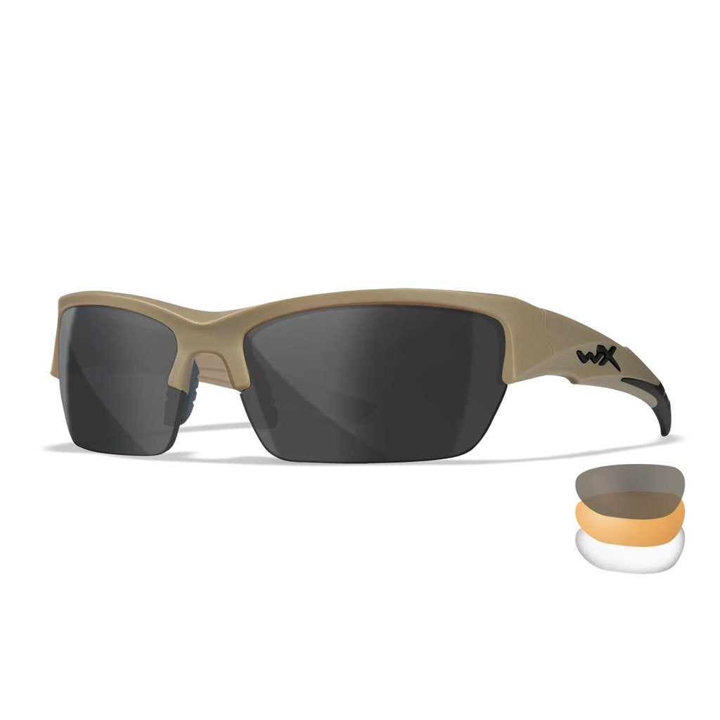 Gafas de tiro WX VALOR con 3 lentes y marco TAN, detalle del diseño curvado y material Triloid