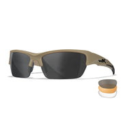 Gafas de tiro WX VALOR con 3 lentes y marco TAN, detalle del diseño curvado y material Triloid