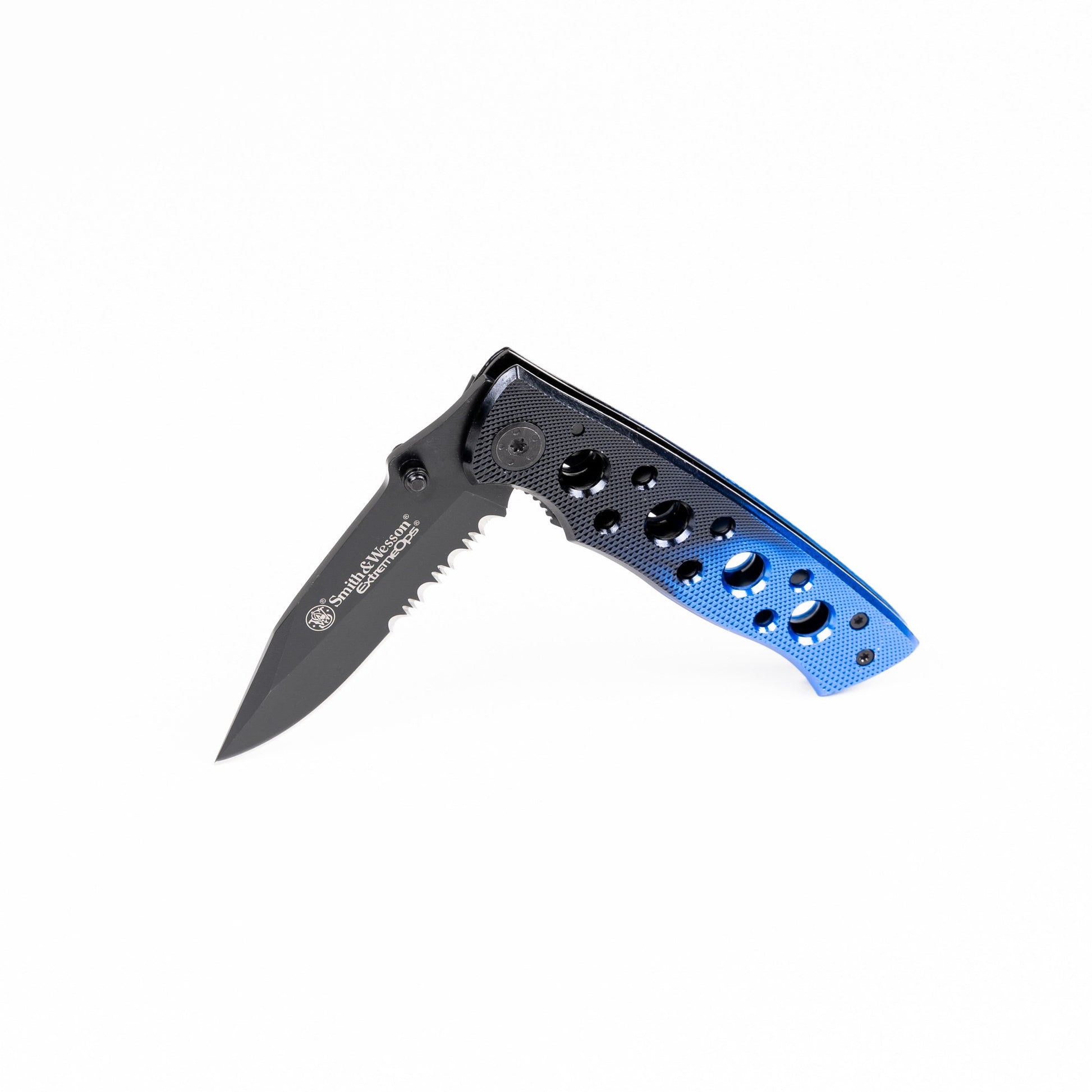 Navaja plegable Smith & Wesson CK111S, mango de aluminio azul y negro, hoja de acero 7Cr17 (56–58 HRC)