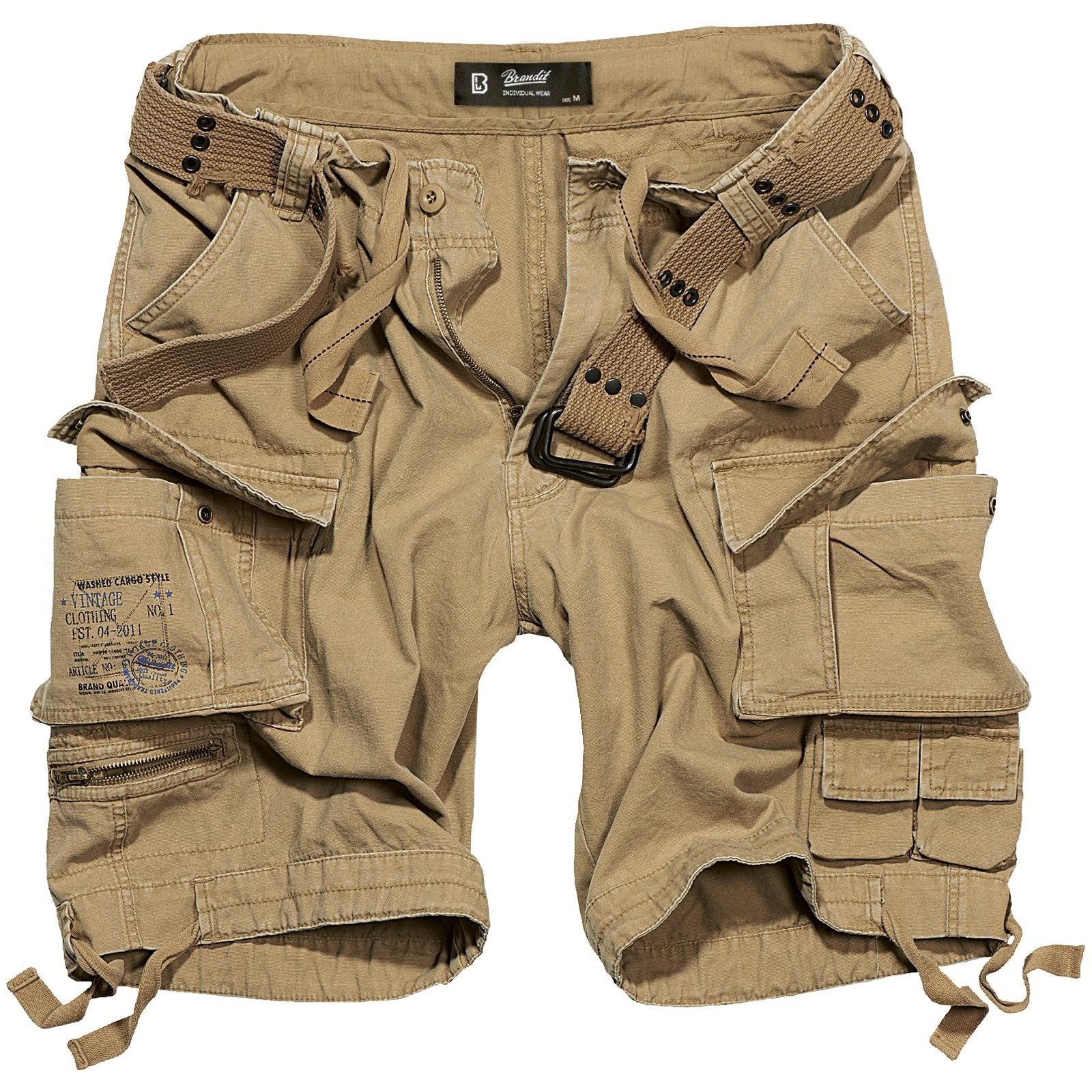 Pantalones cortos cargo beige SAVAGE con cinturón vintage y múltiples bolsillos