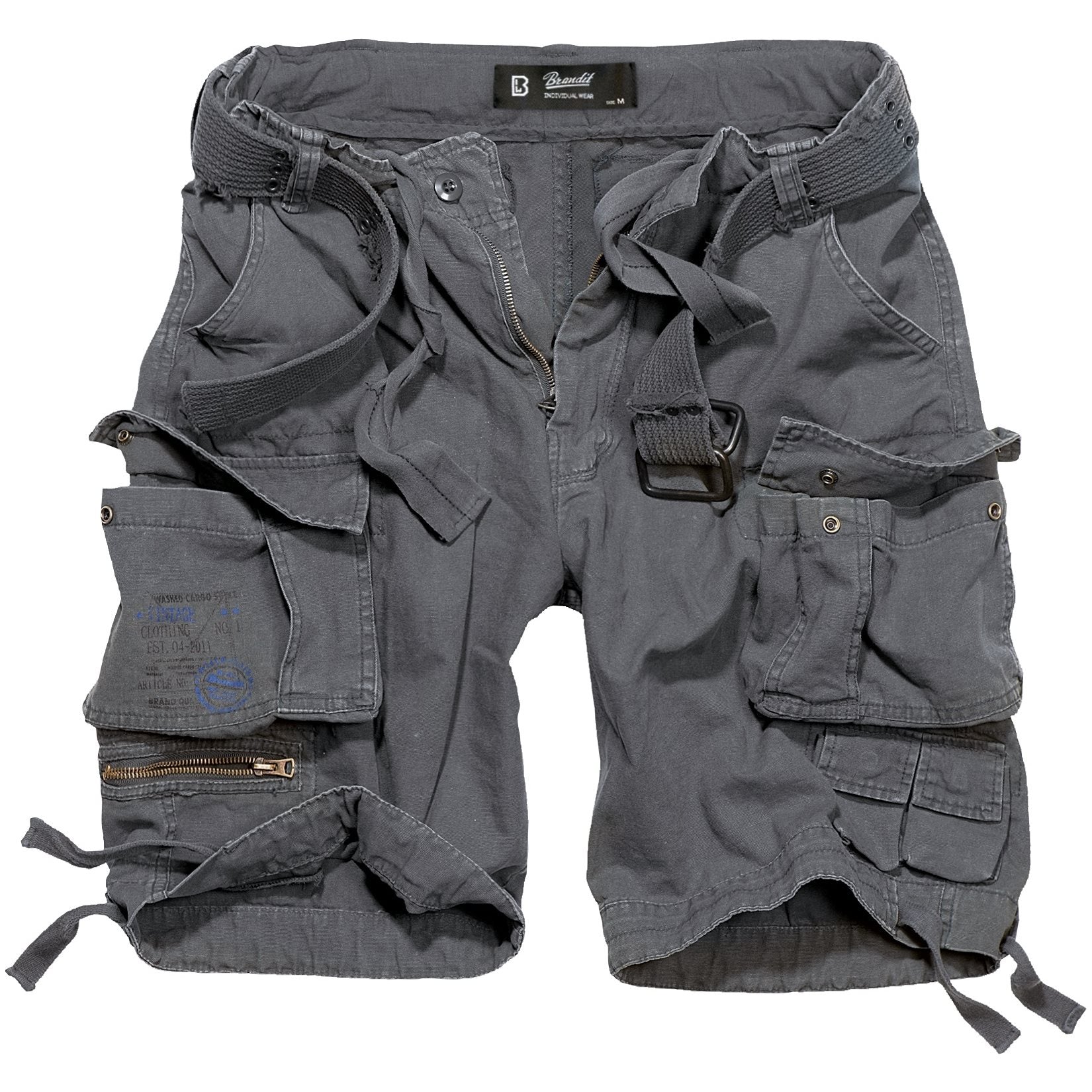 Pantalones cortos cargo SAVAGE antracita con cinturón vintage y múltiples bolsillos