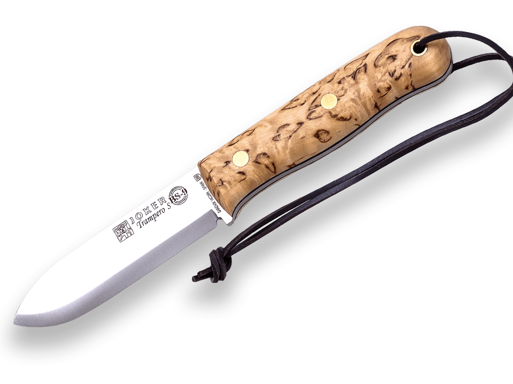 CUCHILLO BUSHCRAFT Y SUPERVIVENCIA JOKER TRAMPERO SCANDI EN ABEDUL RIZADO, CON FERROCERIO. CL124-P - Espadas y Más