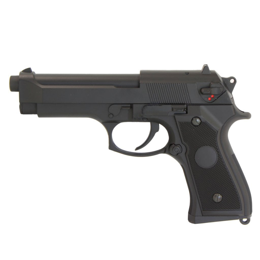 Pistola airsoft AEP CM.126 negra, réplica de pistola italiana adoptada por el ejército de EEUU en los años 80