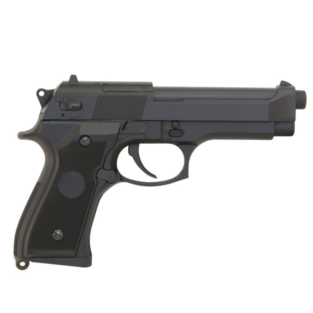 Pistola airsoft AEP CM.126 negra, réplica de pistola italiana adoptada por el ejército de EEUU en los años 80