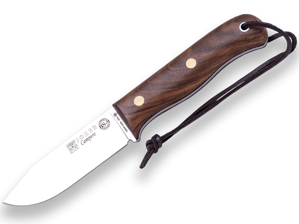 CUCHILLO BUSHCRAFT Y SUPERVIVENCIA JOKER BS9 CAMPERO. ACERO SANDVIK 14C28N, MANGO DE NOGAL, HOJA 10,5 CM. CON FUNDA VAQUETILLA CON FERROCERIO CN112-P - Espadas y Más