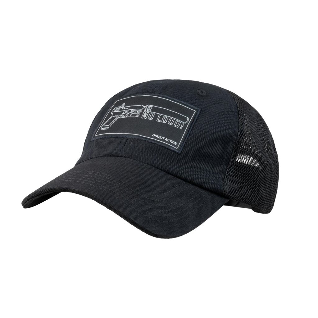 Gorra de béisbol negra con malla y texto 'NO LOUD!' - CP-DANL-CTN-BLK