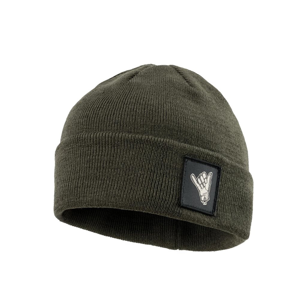 Gorro SHAKA Merino negro con pequeño parche que muestra el gesto SHAKA