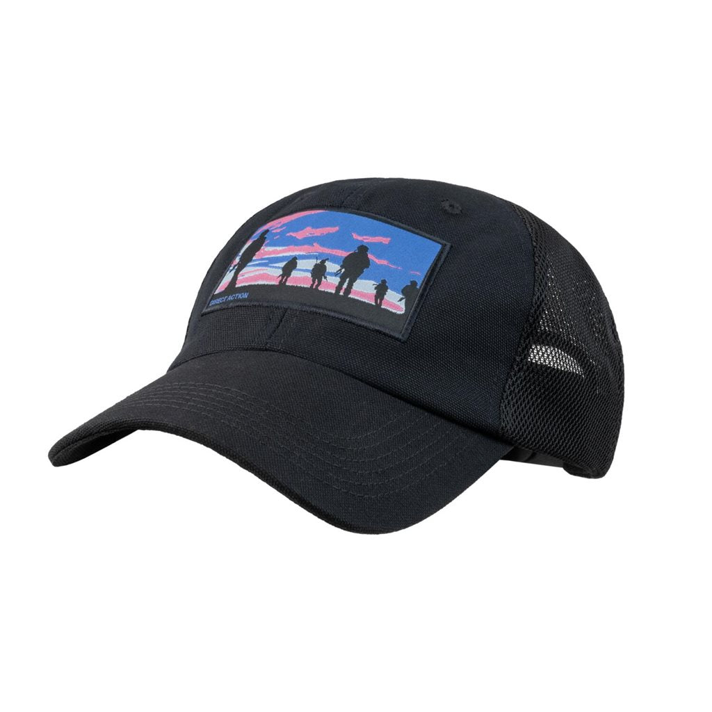 Gorra negra SUNSET con estampado de soldados marchando al atardecer, visera, algodón, talla única.