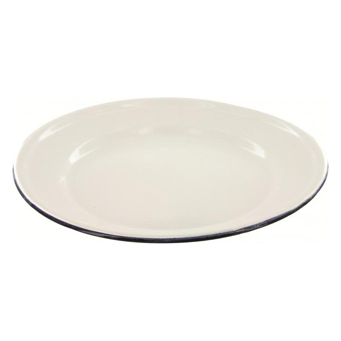 Plato esmaltado blanco con borde azul, 24 cm