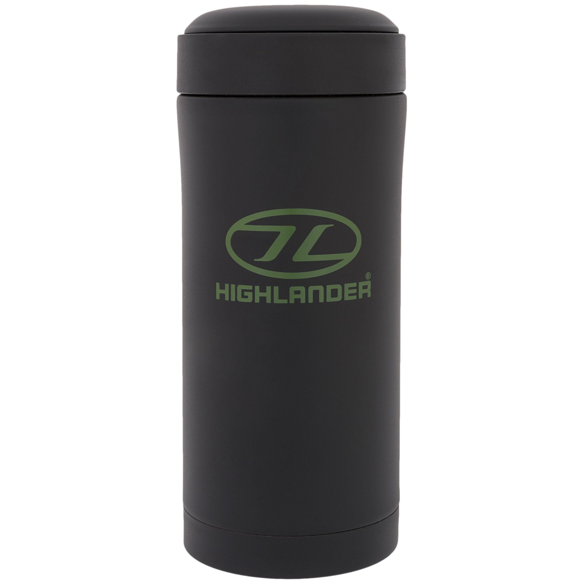 Taza Termo 330 ml negra de doble pared con tapa y espacio para bolsa de té, café instantáneo o edulcorante