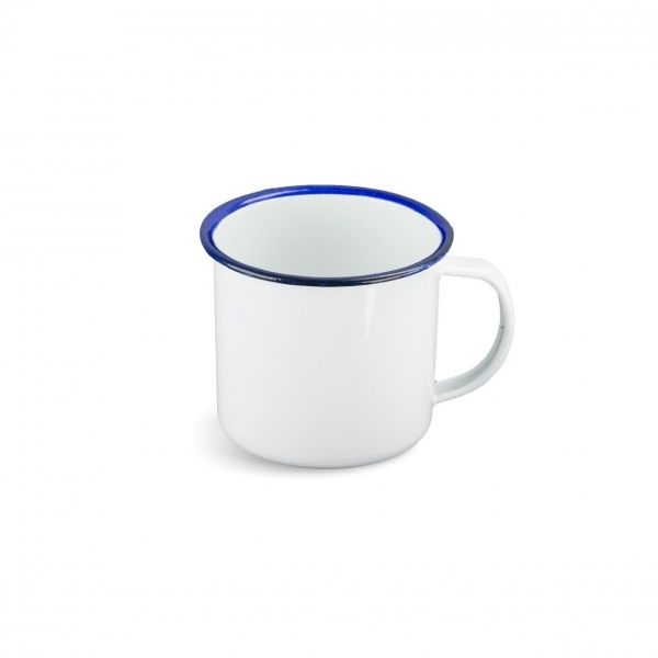 Taza esmaltada blanca de hojalata 0,3 L con borde azul, diámetro 8 cm