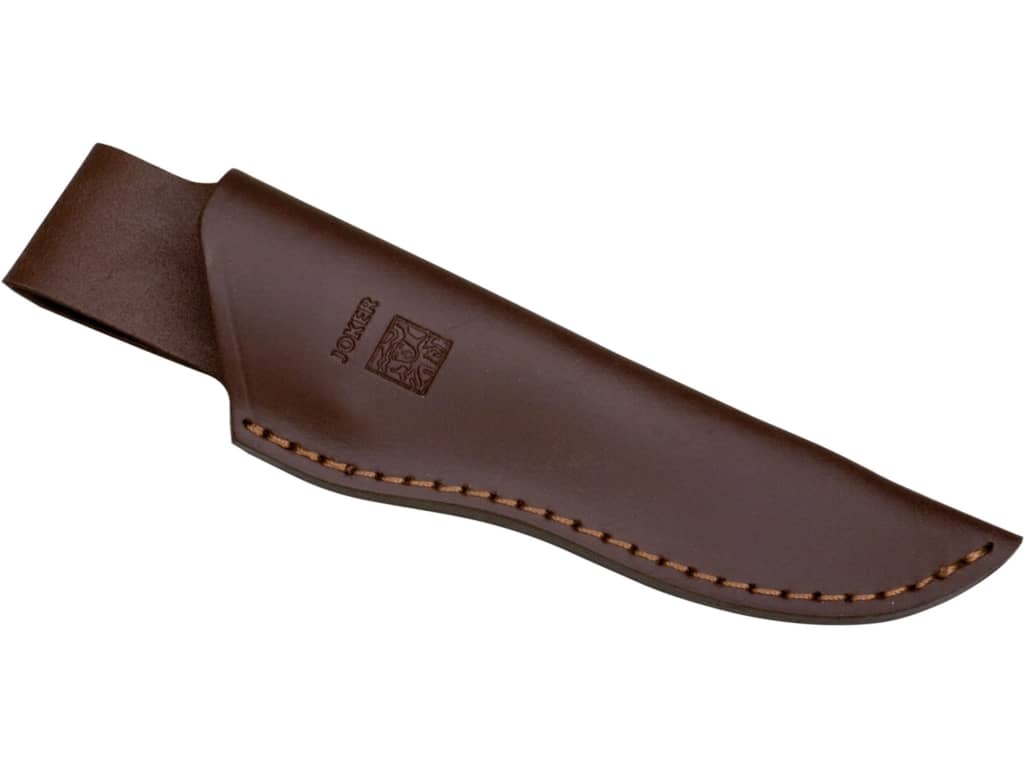 CUCHILLO DE MONTE JOKER OSO,ENTERIZO, MANGO MADERA ROJA, HOJA DE 12 CM, FUNDA DE CUERO. CR49 - Espadas y Más