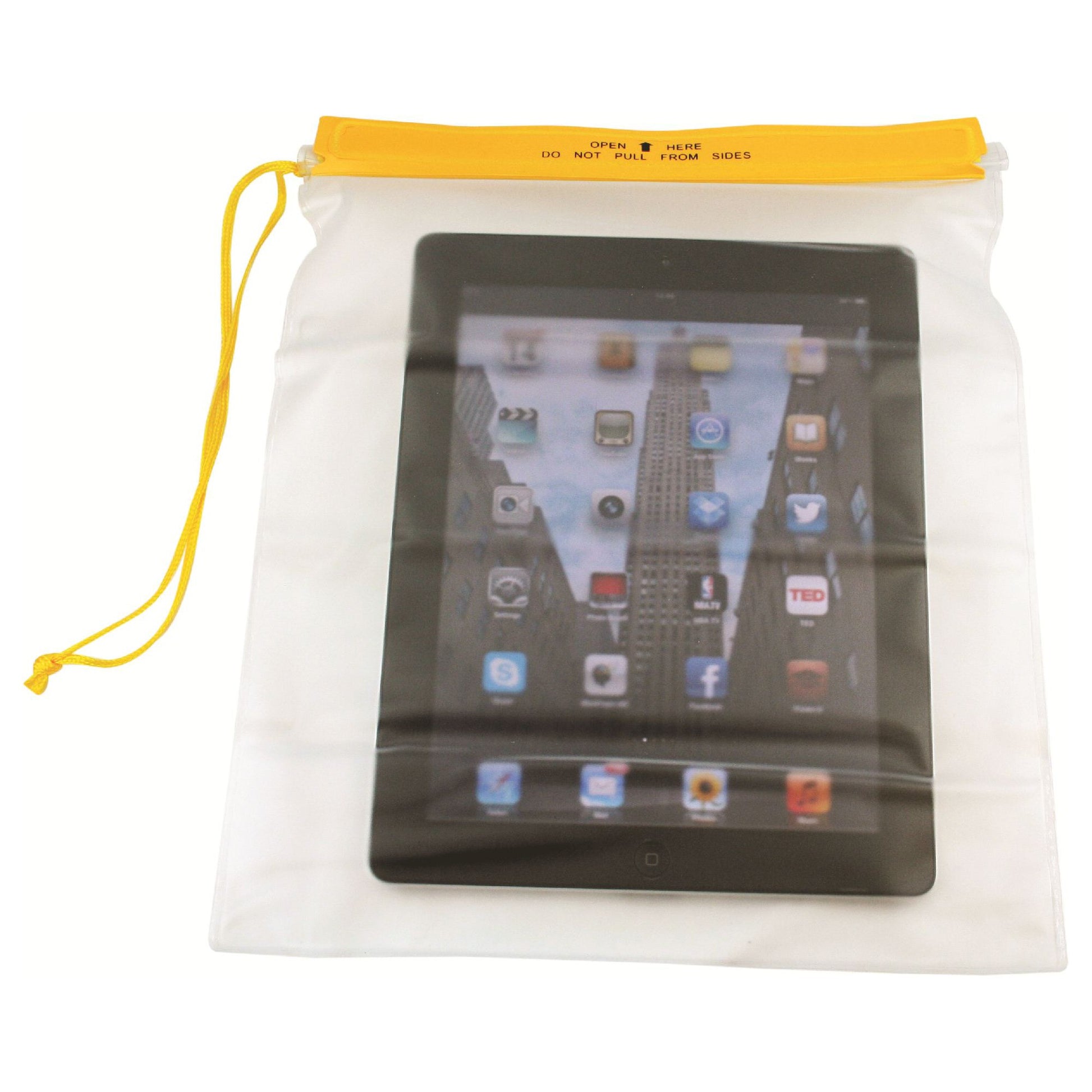 Funda impermeable transparente amarilla para colgar al cuello 270x340 mm