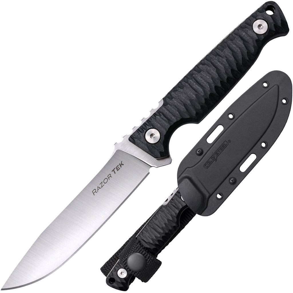 Cuchillo fijo RAZOR TEK con funda, hoja Clip point 4116SS y mango con cachas GFN negras