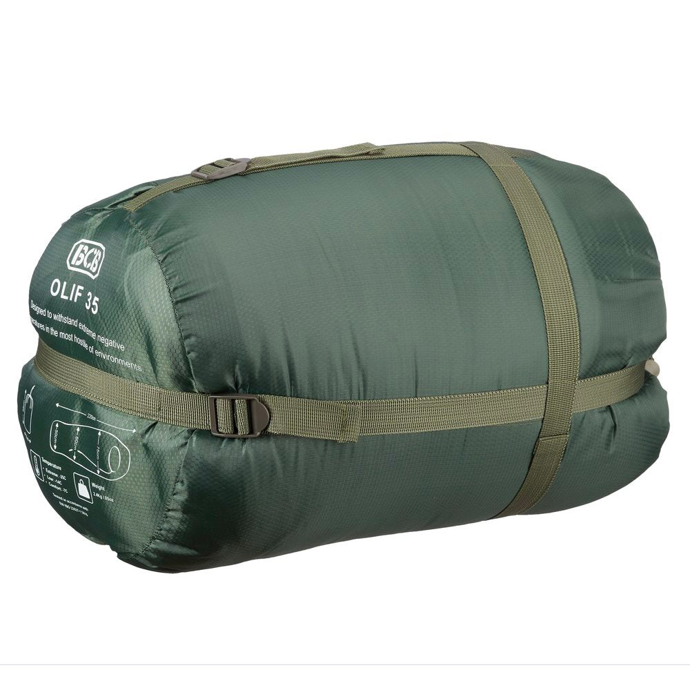 Saco de dormir invernal OLIF 35 verde, forma momia, nylon 70D rip-stop, relleno sintético 200 g/m2