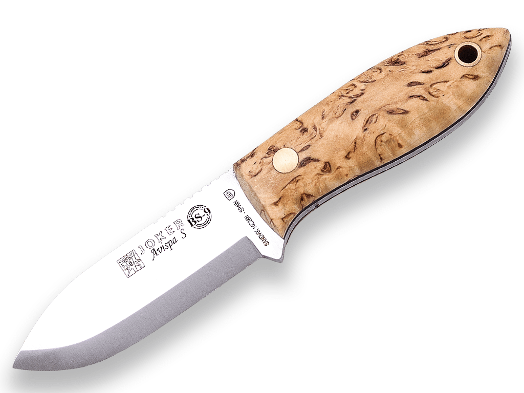 CUCHILLO BUSHCRAFT JOKER BS 9 AVISPA SCANDI.CUCHILLO DE CUELLO Y CINTURÓN. ACERO SANDVIK 14C28N, MANGO DE ABEDUL RIZADO, HOJA 8 CM. FUNDA DE CUERO. CL121 - Espadas y Más