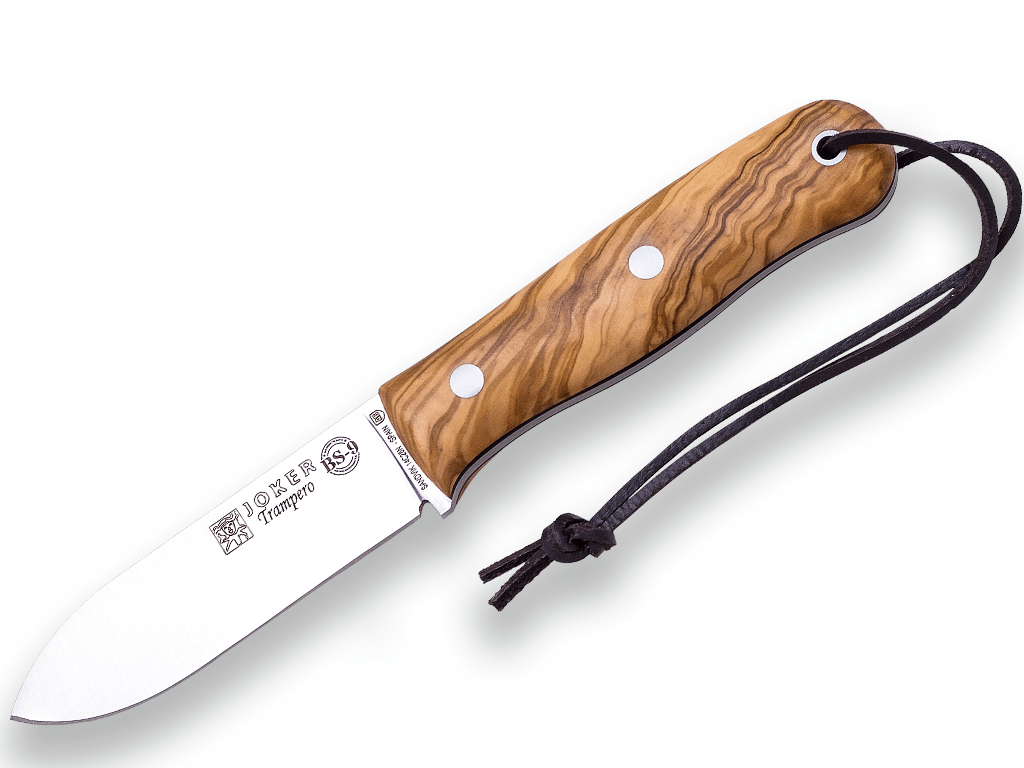 CUCHILLO BUSHCRAFT Y SUPERVIVENCIA JOKER BS9 TRAMPERO. ACERO SANDVIK 14C28N, MANGO MADERA DE OLIVO, HOJA 10 CM. CON FUNDA VAQUETILLA. CO113 - Espadas y Más