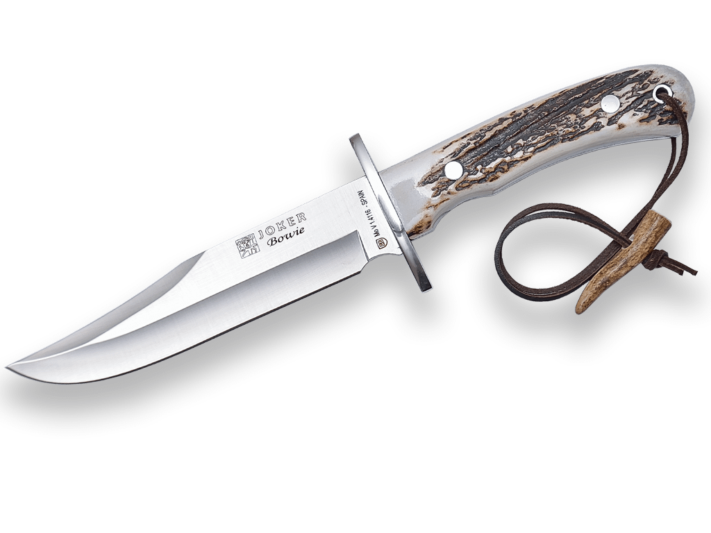 CUCHILLO DE CAZA JOKER BOWIE PUÑO EN ASTA DE CIERVO Y HOJA DE16 CM. FUNDA PIEL COMBINADA CON AUTÉNTICA PIEL DE SERPIENTE. - Espadas y Más