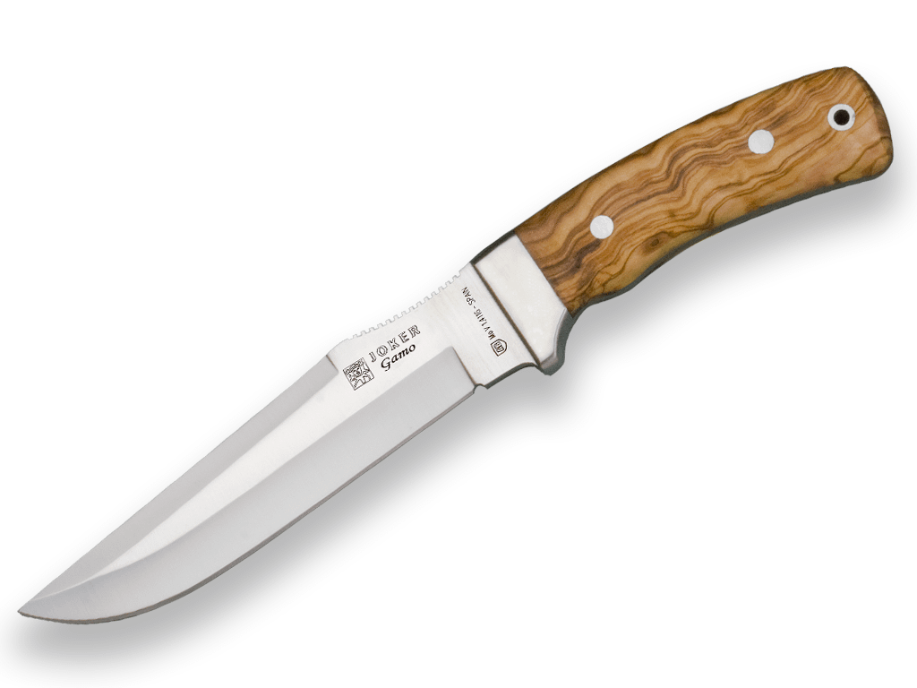 CUCHILLO DE CAZA JOKER GAMO, MANGO DE OLIVO Y HOJA INOX DE 15,5 CM. FUNDA DE CUERO. CO46 - Espadas y Más