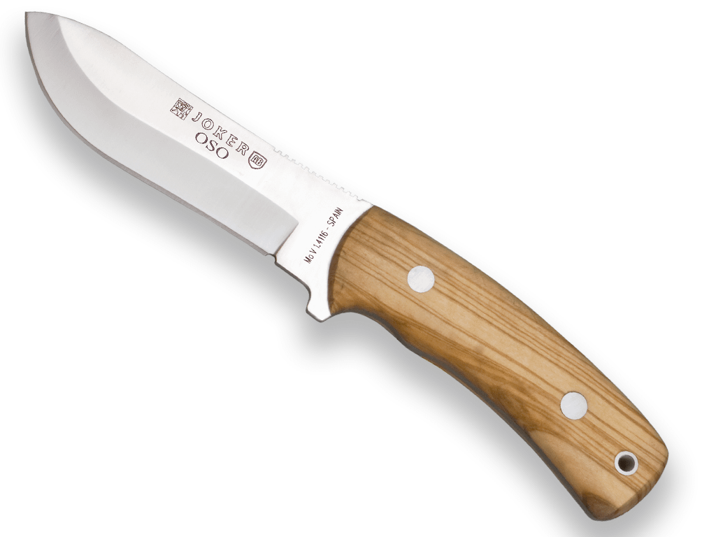 Imagen de Cuchillo De Monte Joker Oso, Enterizo, Virola Acero Inox, Mango Madera Olivo, Hoja De 12 Cm,Funda De Cuero. CO49 parte de nuestra colección en Espadas y más, sitio oficial.