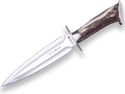 CUCHILLO DE REMATE JOKER COLMILLO, CON PUÑO DE CIERVO Y HOJA DE DOBLE FILO DE 21,5 CM. CON FUNDA DE CUERO CN108 - Espadas y Más