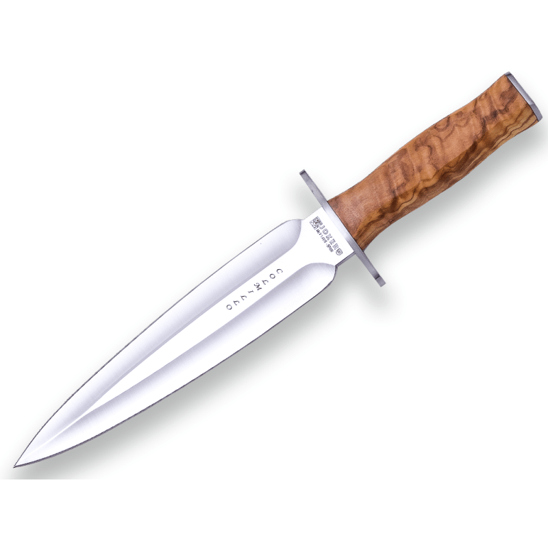 Imagen de Cuchillo De Remate Joker Colmillo Con Puño En Madera De Olivo Y Hoja De Doble Filo De 21,5 Cm. Con Funda De Cuero CO108 parte de nuestra colección en Espadas y más, sitio oficial.