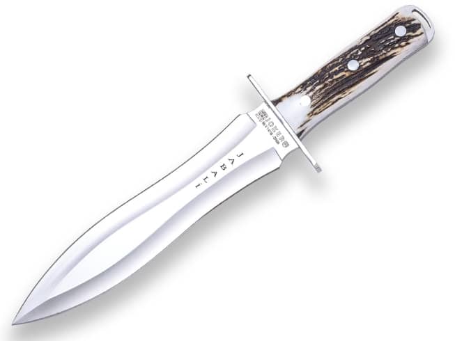 Imagen de Cuchillo De Remate Joker Jabalí, Puño En Asta Ciervo Y Hoja De Doble Filo De 25 Cm. Acero Mova 1.4116. Funda Vaquetilla. CC110 parte de nuestra colección en Espadas y más, sitio oficial.