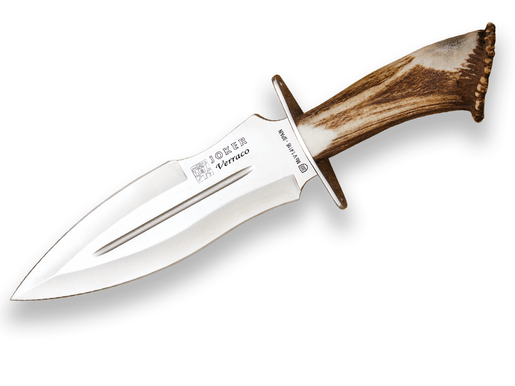 Imagen de Cuchillo De Remate Joker Verraco Con Puño De Ciervo Y Hoja De Doble Filo De 26 Cm. Funda De Cuero CN42 parte de nuestra colección en Espadas y más, sitio oficial.