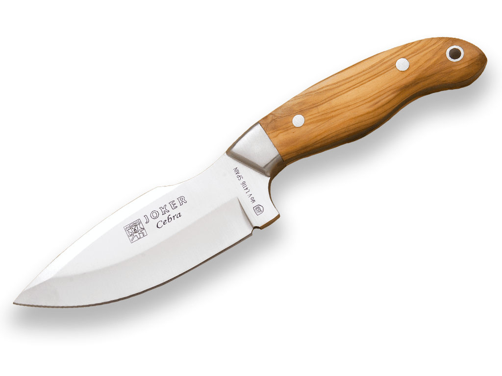 Imagen de Cuchillo Desollador Joker Cebra,Mango Madera Olivo Y Hoja Inox De 11 Cm.Funda De Cuero. CO39 parte de nuestra colección en Espadas y más, sitio oficial.