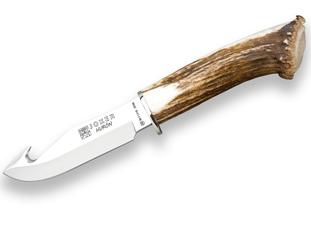 CUCHILLO DESOLLADOR JOKER HURÓN, PUÑO DE CIERVO, HOJA ACERO INOX DE 11 CM.FUNDA DE CUERO CN74 - Espadas y Más