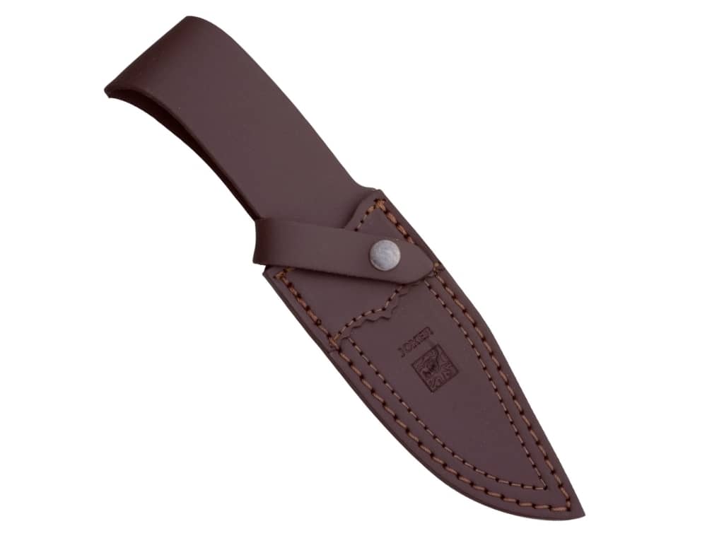 CUCHILLO DESOLLADOR JOKER OSO, VIROLA ACERO INOXIDABLE, MANGO DE OLIVO, HOJA DE 12 CM.FUNDA DE CUERO. - Espadas y Más