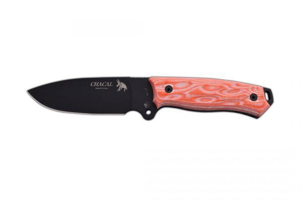 Cuchillo J&V CHACAL MICARTA NARANJA LACADO NEGRO FUNDA PIEL O FUNA CORDURA 1336-M2-NEG - Espadas y Más