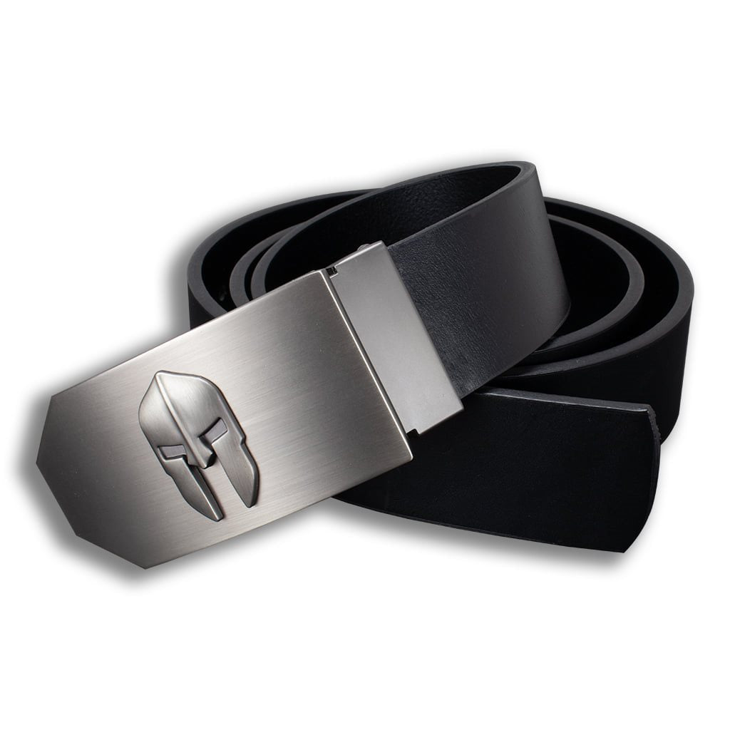 Cinturón de cuero negro con hebilla SPARTAN 3D en acabado plata antigua, 40 mm