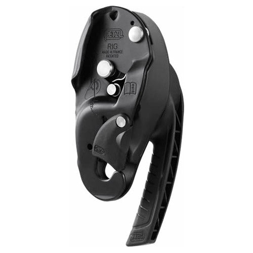 Dispositivo de descenso RIG negro, compacto y autobloqueante