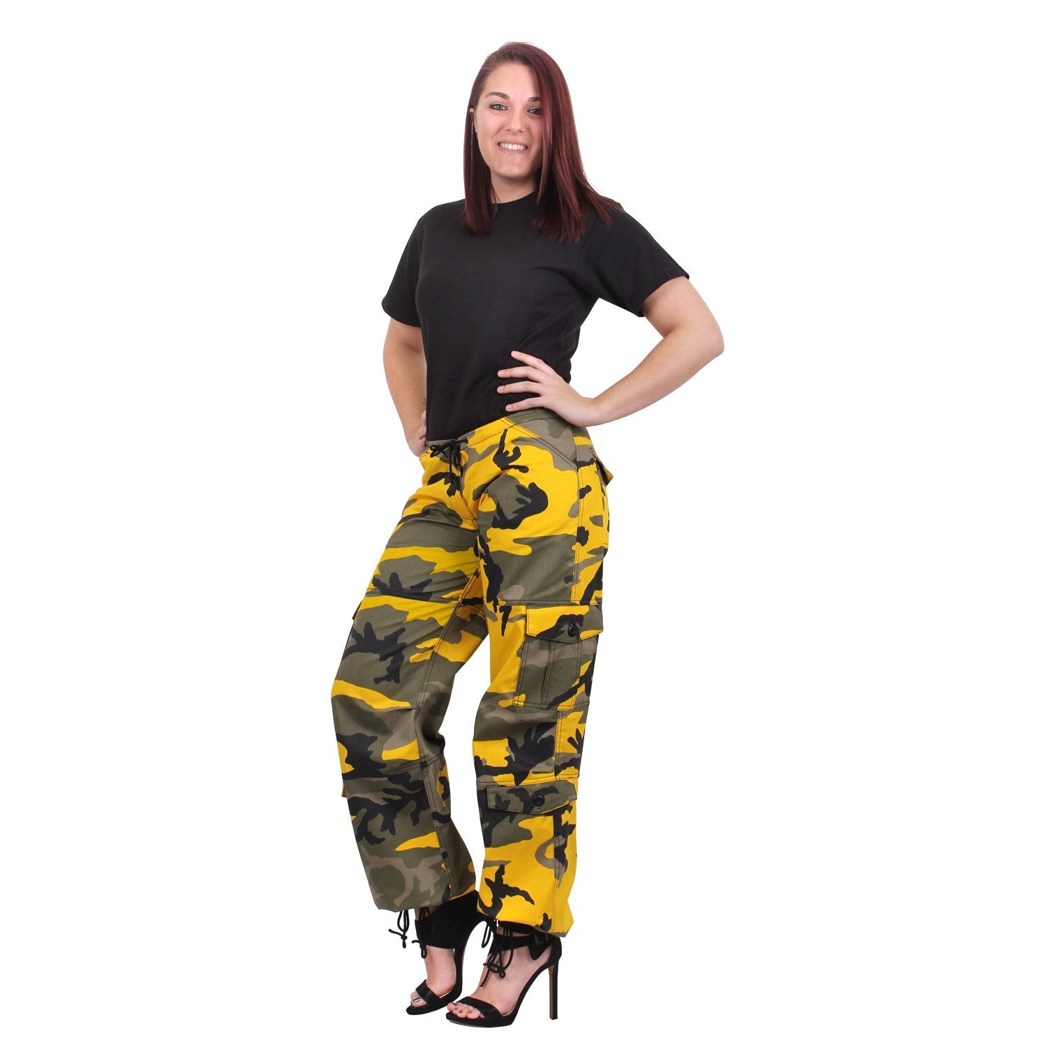Pantalones paratrooper para mujer Yellow Camo con bolsillos laterales y cordón en la cintura