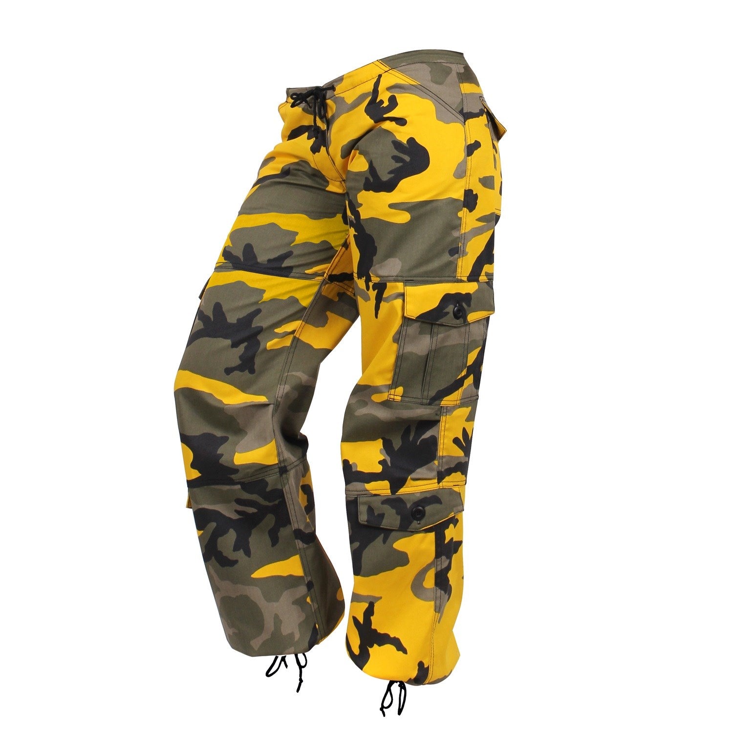 Pantalones paratrooper para mujer Yellow Camo con bolsillos laterales y cordón en la cintura