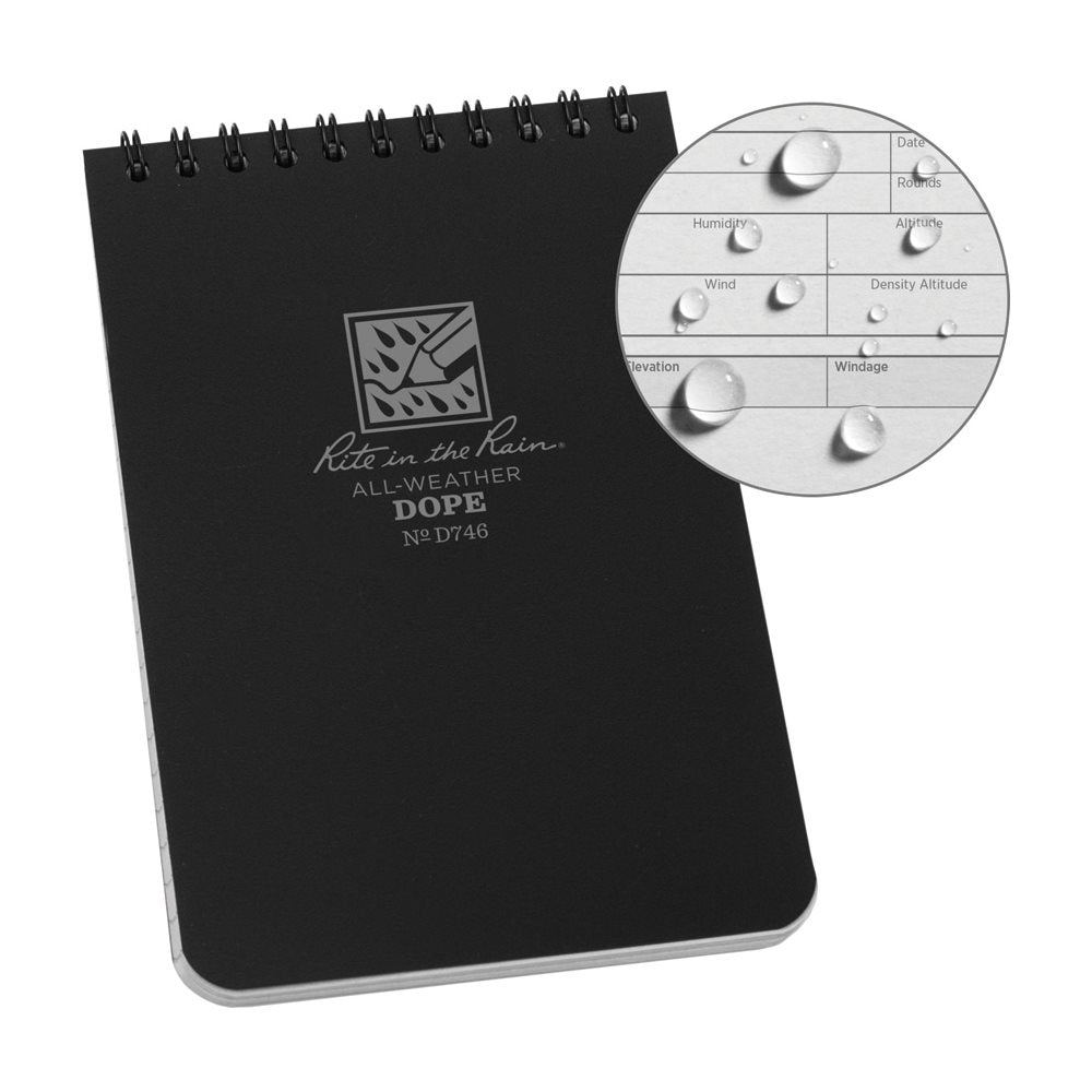 Bloc D.O.P.E Logbook impermeable negro — hojas 10,2x15,2 cm, cuaderno 10,2x15,9x0,95 cm