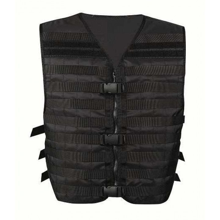 Chaleco táctico MOLLE DASTA negro, vista frontal, material resistente y forro de malla que evacua el sudor