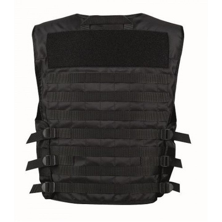 Chaleco táctico MOLLE DASTA negro, vista frontal, material resistente y forro de malla que evacua el sudor