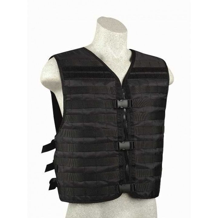 Chaleco táctico MOLLE DASTA negro, vista frontal, material resistente y forro de malla que evacua el sudor