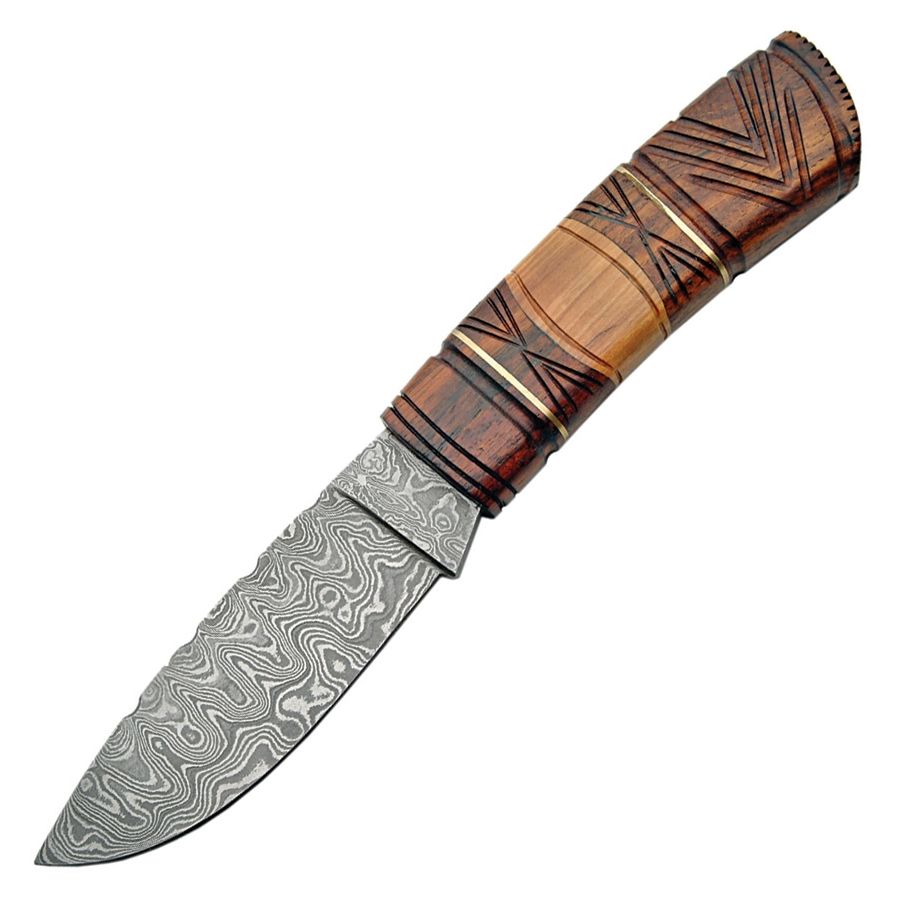 Cuchillo de hoja fija damasco con mango de madera y funda de cuero (long. total 238 mm, hoja 114 mm)