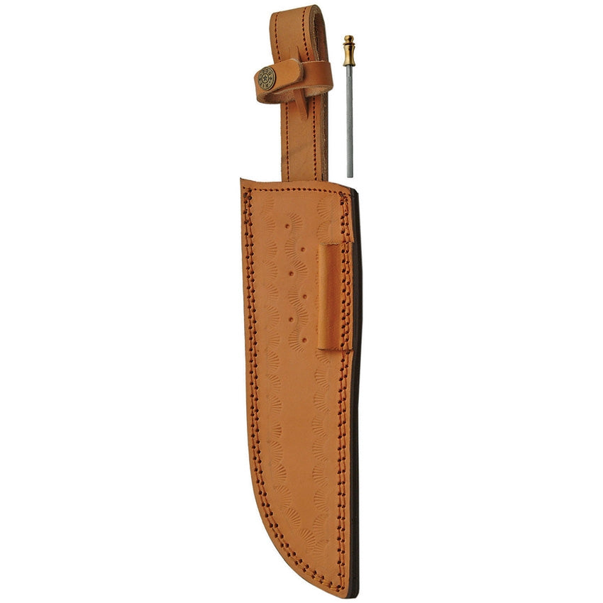 Cuchillo Bowie damasco con mango de olivo y funda de cuero